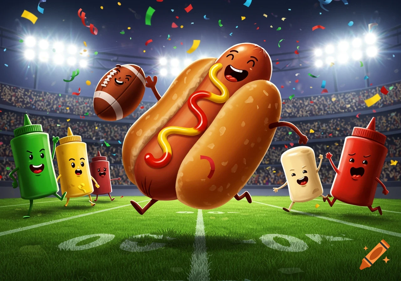 Cartoon hot dog runs on a football field with a football and condiment bottles, confetti in air under stadium lights.