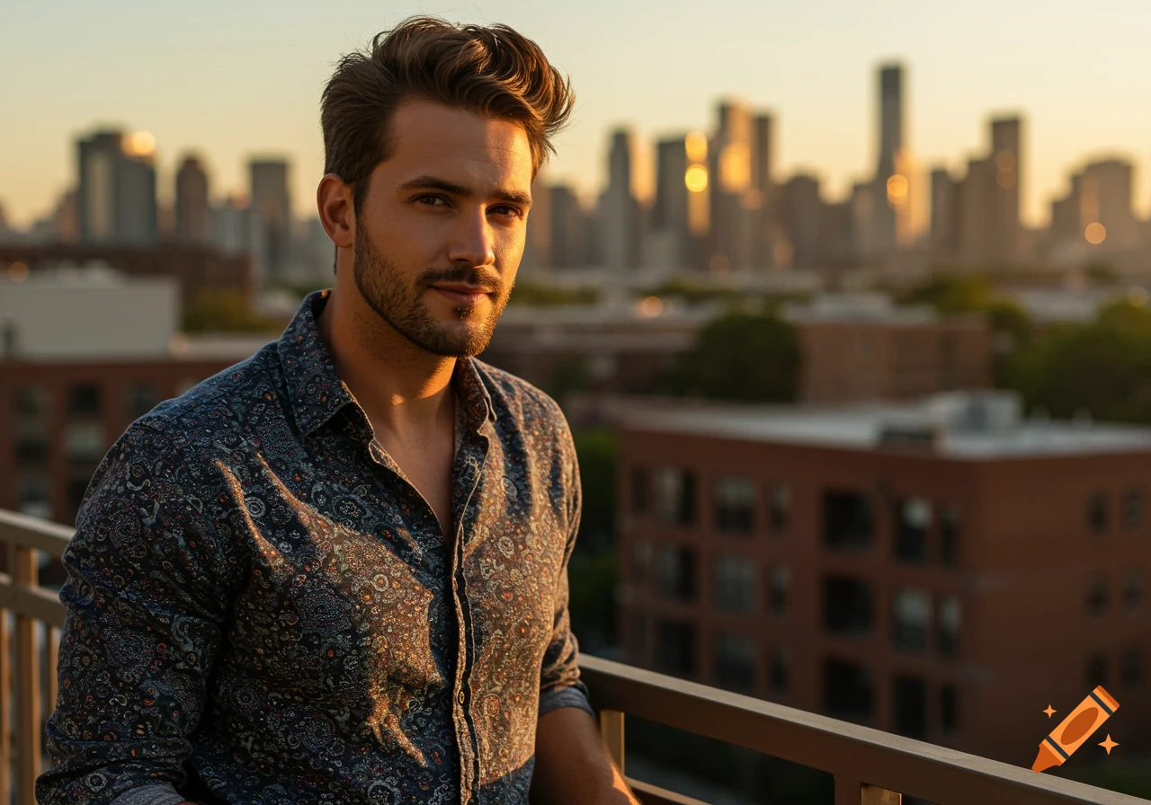 Photorealistic portrait of a handsome man on a balcony at sunset with a city skyline in the background.