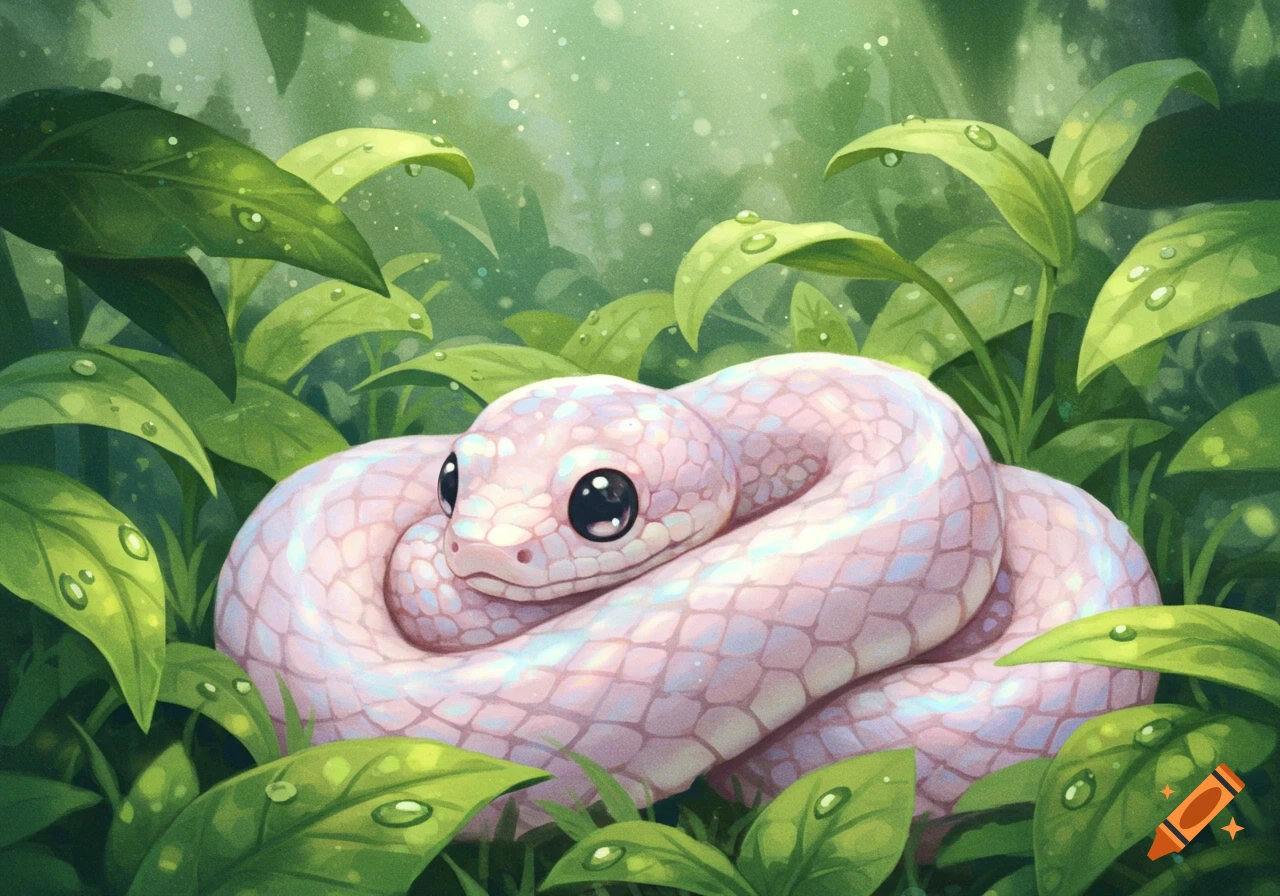 Cute pink snake with large black eyes coiled among green leaves with water droplets in an illustrative style.