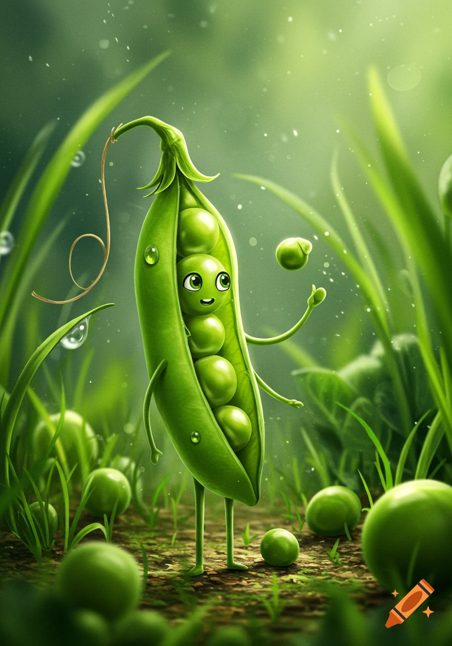 A happy cartoon pea pod character with a smiling face and green eyes stands in a lush green field, holding up a loose pea.