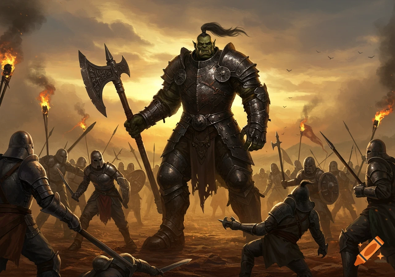 A massive armored orc knight with a battle axe stands against an army of smaller warriors on a battlefield at sunset.