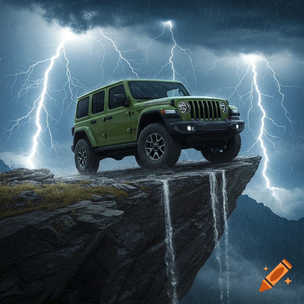 A green Jeep Wrangler JLU parked on a rocky cliff edge under a stormy sky with lightning and rain.
