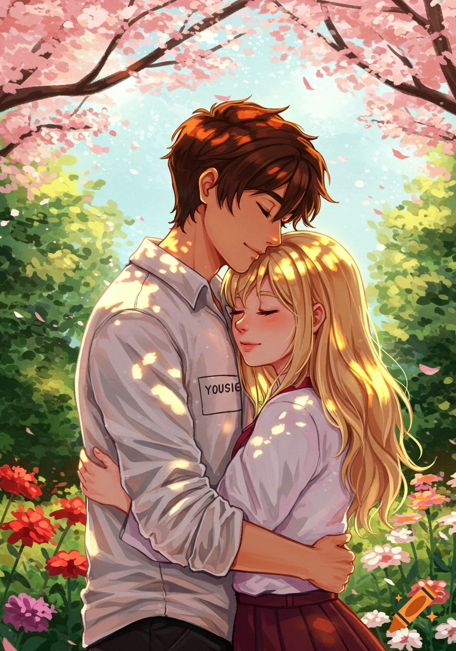 An anime illustration of a brown-haired male and a blonde-haired female hugging under blooming cherry blossom trees in a sunny garden.