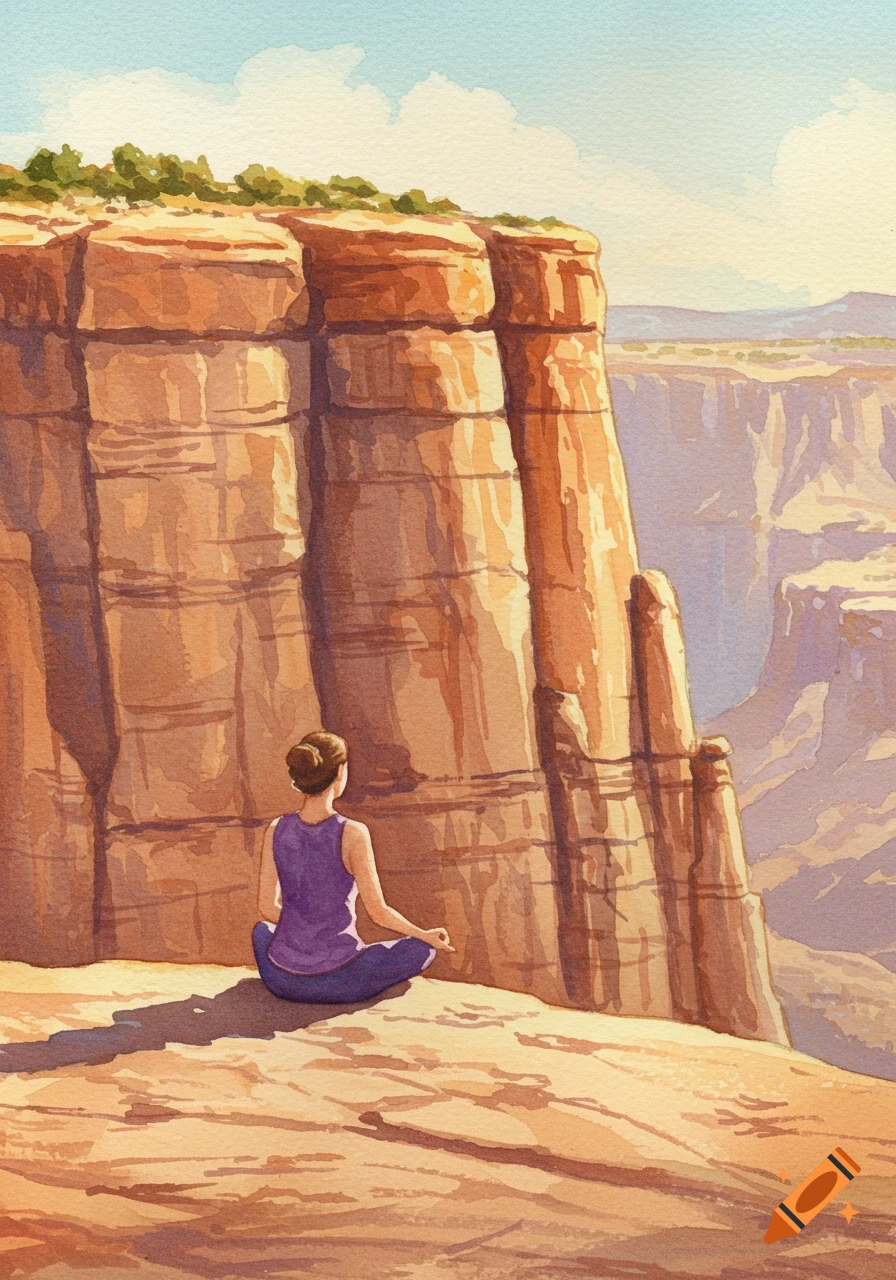 Woman in lotus pose meditating on a canyon ledge, watercolor style.