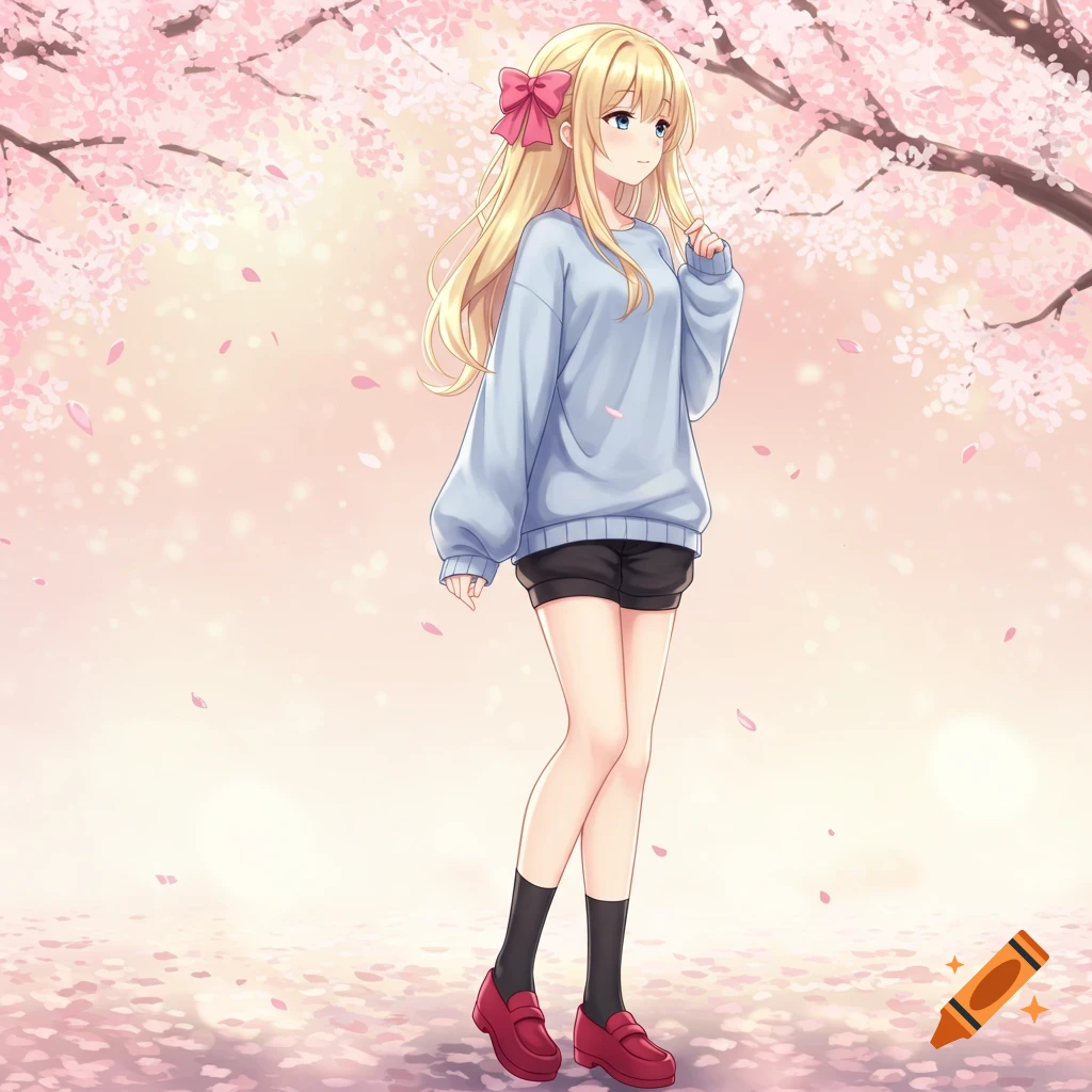 An anime girl with long blonde hair and a pink bow, wearing a light blue sweater and black shorts, stands under a cherry blossom tree.