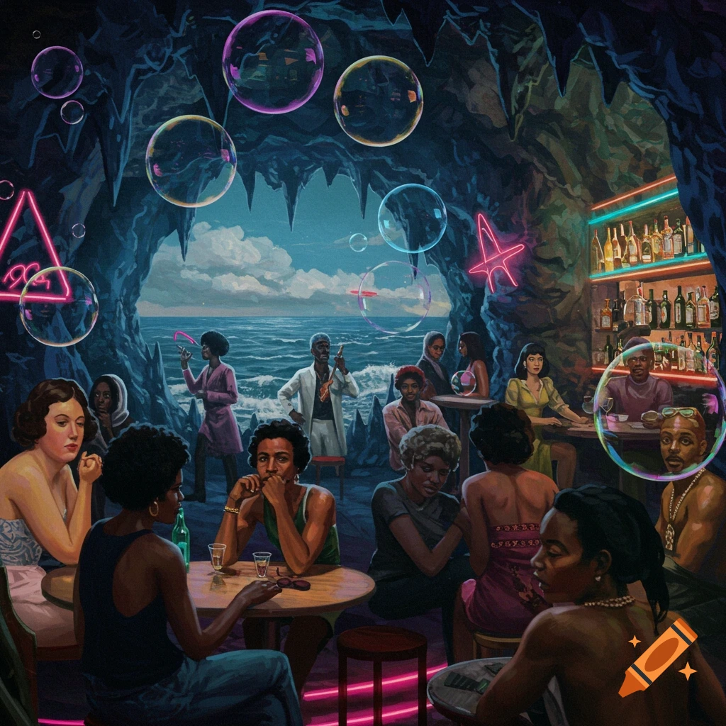 A vibrant painting depicts a diverse group of people socializing in a cave bar, with a view of the ocean through an opening and colorful bubbles floating around. Neon signs glow in the dim light.
