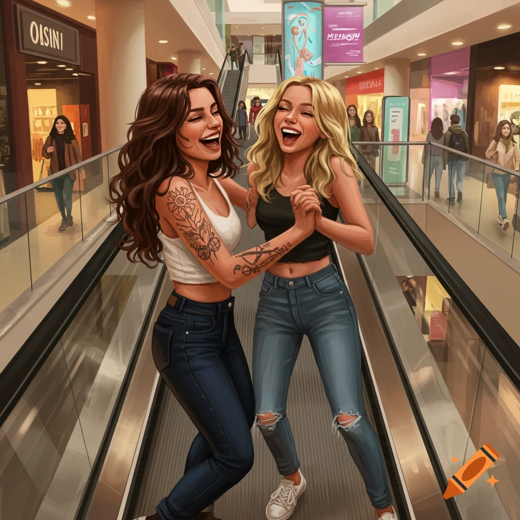 Two laughing young women with long hair, one with tattoos, hold hands on an escalator in a bright shopping mall, in an illustration style.