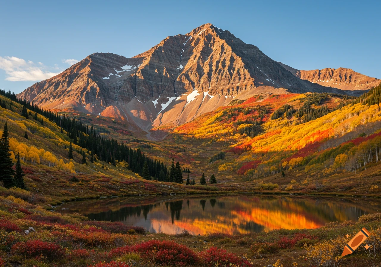 Photorealistic autumn landscape with a towering mountain, golden trees, and a lake reflecting the fall colors.