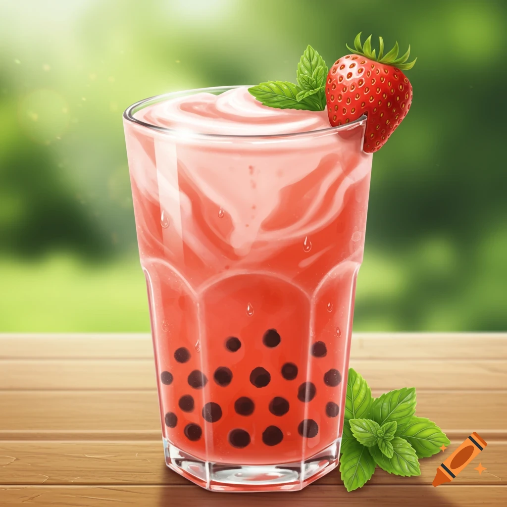 A vibrant strawberry boba tea in a glass on a wooden table, garnished with a strawberry and mint leaves, with a blurred green background.