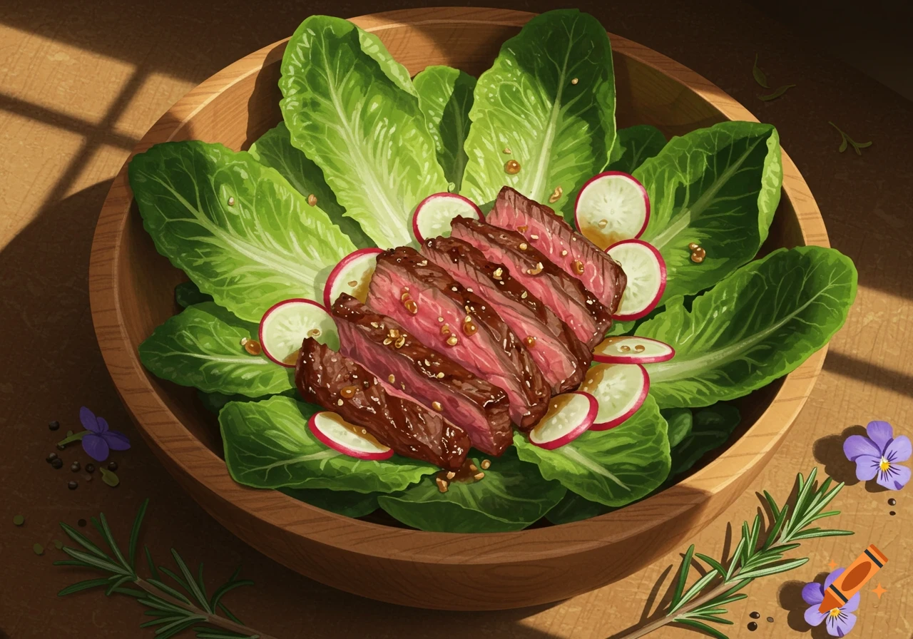 A top-down illustration of a salad in a wooden bowl with lettuce, sliced beef, radishes, rosemary, and purple flowers.