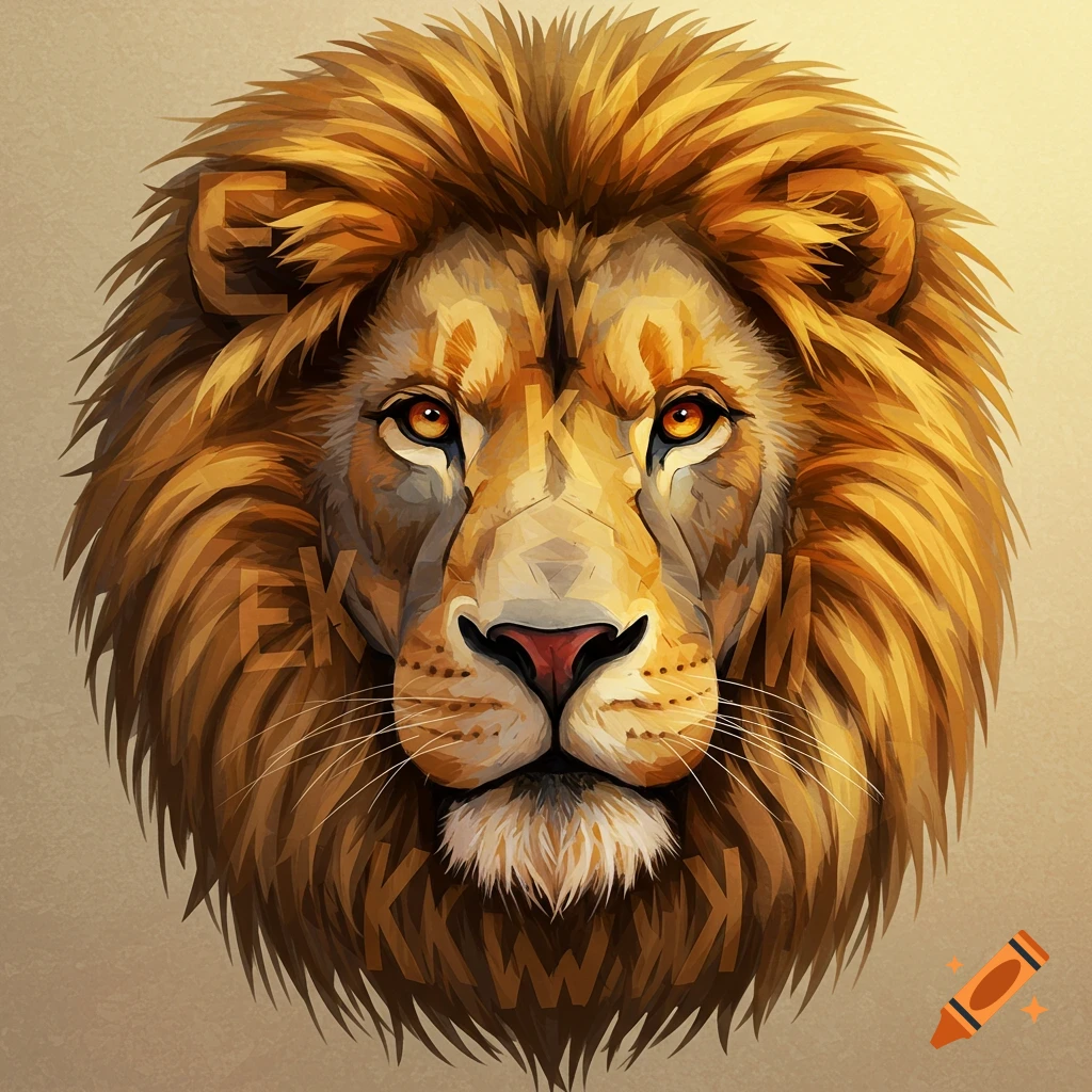 A stylized close-up portrait of a majestic lion's head with golden-brown fur and intense amber eyes, subtly incorporating letters.