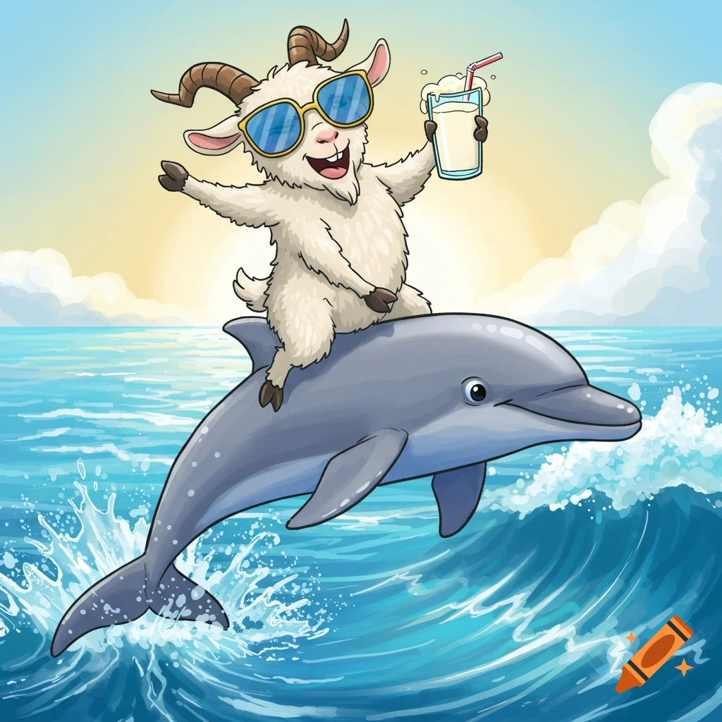 A happy cartoon goat wearing sunglasses rides a dolphin over blue ocean waves under a sunny sky.
