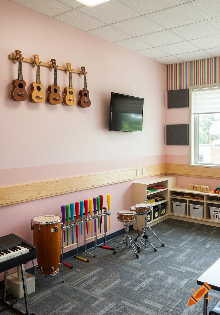 A bright music classroom with pink walls, ukuleles, drums, a piano, boomwhackers, and shelves with instruments.