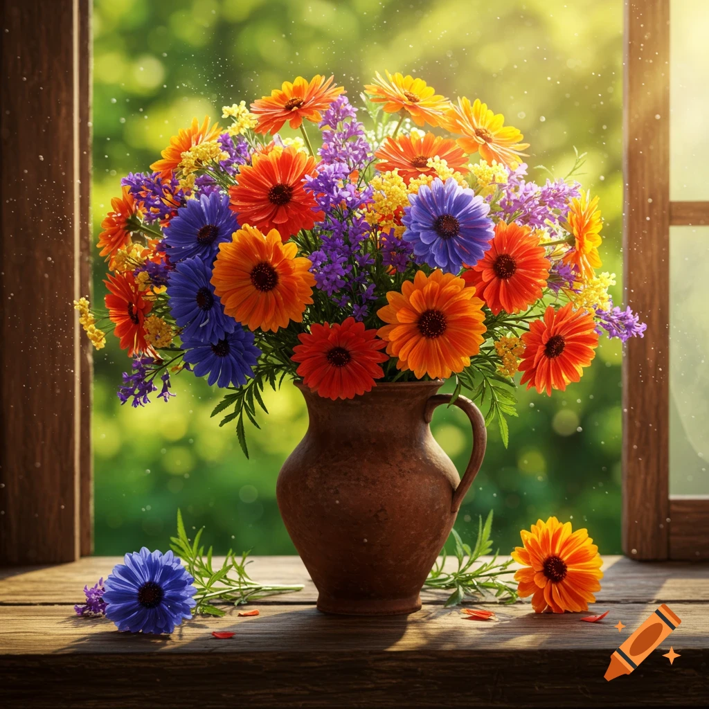 A vibrant bouquet of orange, blue, purple, and yellow flowers in a rustic vase on a wooden window sill, bathed in sunlight.