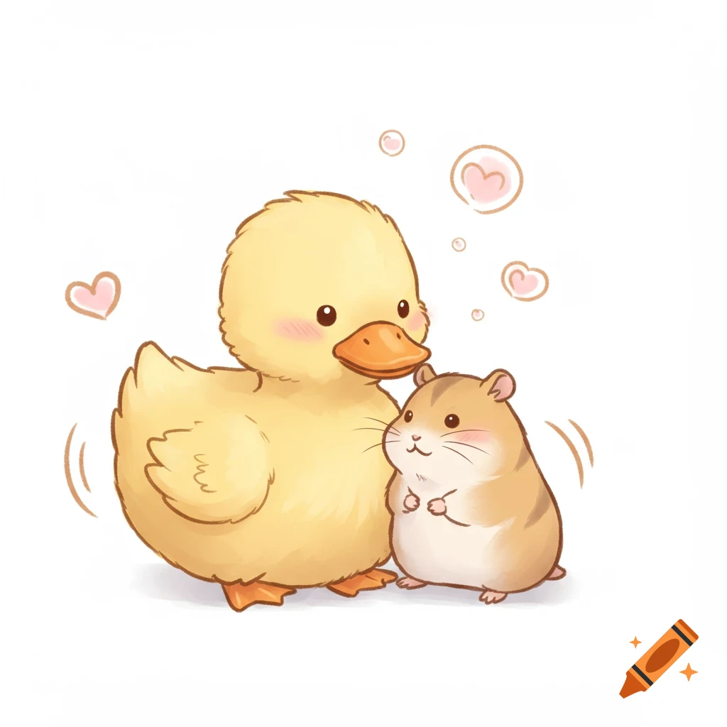 A cute cartoon yellow duck and a brown hamster stand together with pink hearts floating around them.
