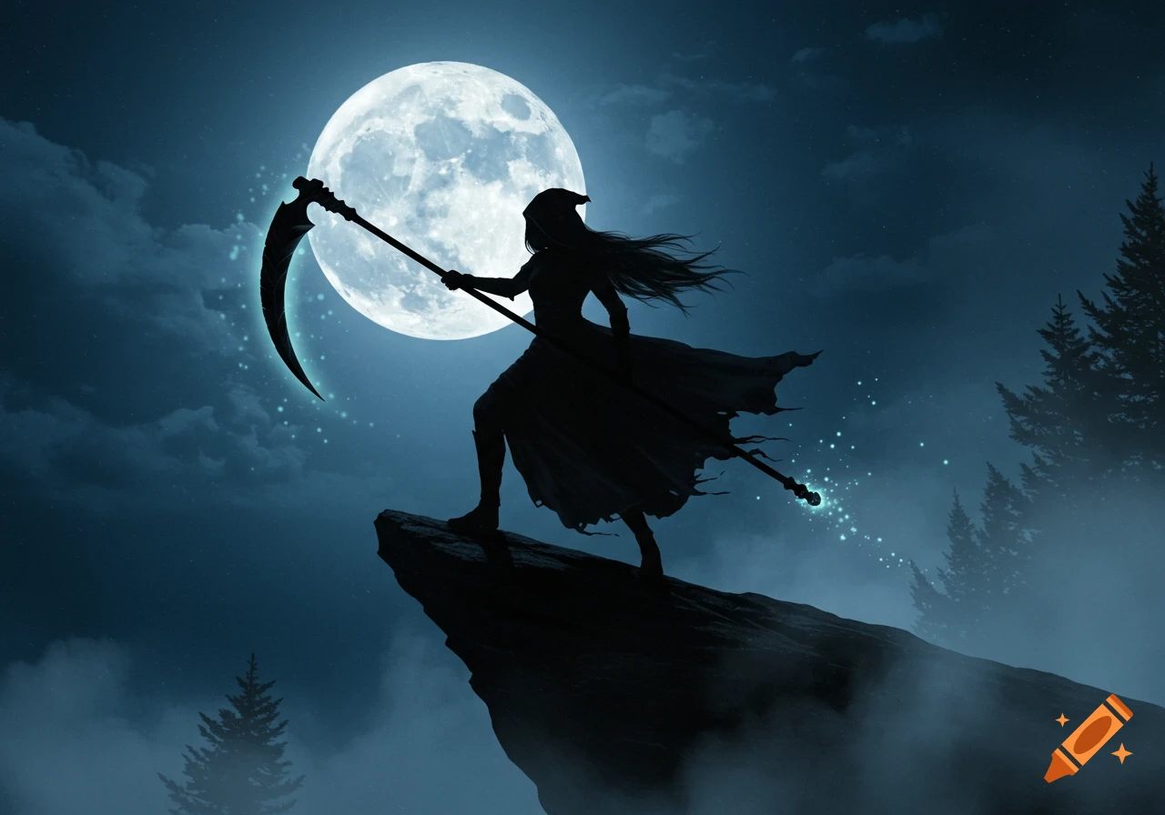 Silhouette of a cloaked figure with a scythe stands on a cliff against a large, bright full moon in a dark, misty night sky.