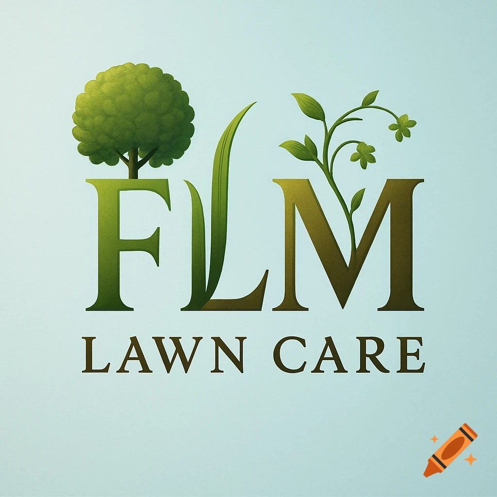 Logo for FLM Lawn Care featuring green stylized letters with a tree, grass blade, and flowering vine, against a light blue background.