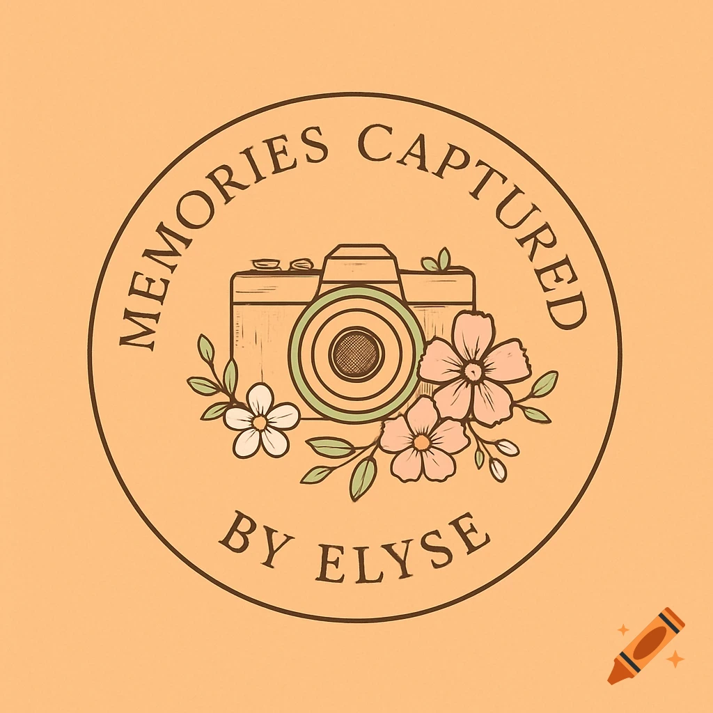 A round logo with a light orange background featuring a vintage-style camera surrounded by pink and white flowers. Text reads 'Memories Captured By Elyse'.