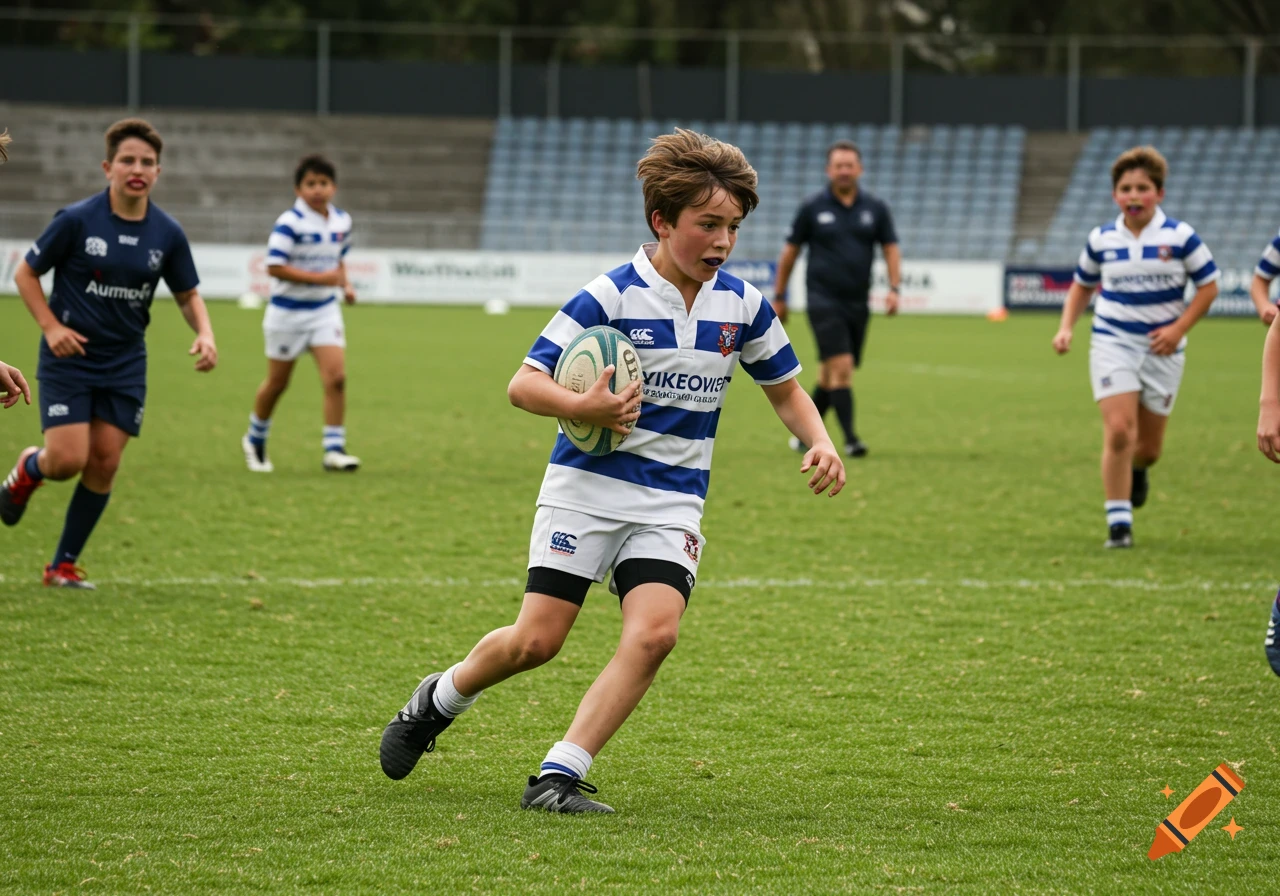 A young boy in a blue and white striped rugby jersey runs with the ball during a game on a green field.