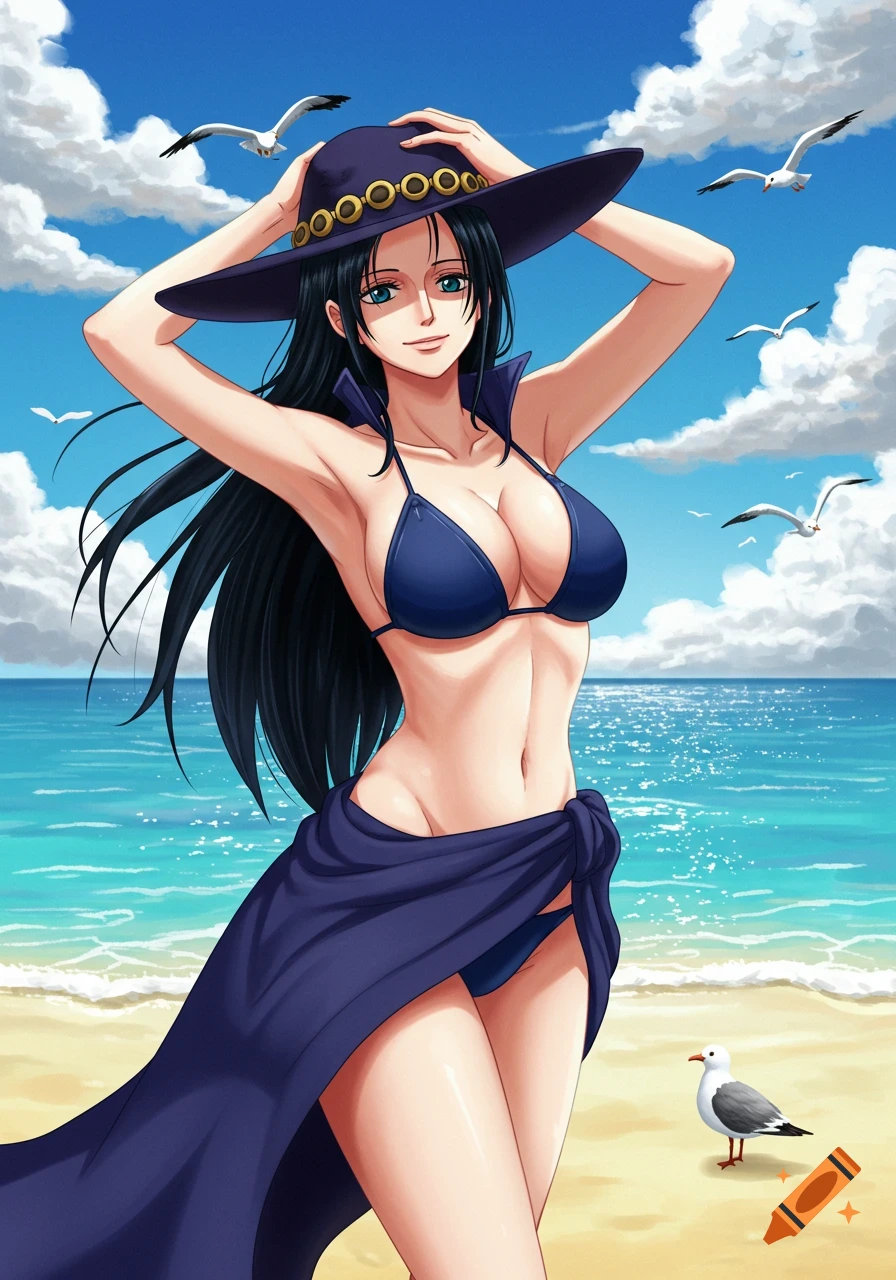 Nico Robin from One Piece in a blue bikini and large hat poses on a sunny beach with seagulls.