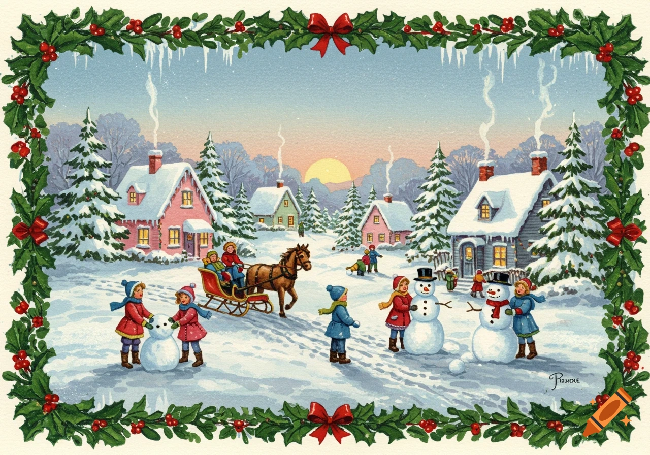 A vintage watercolor holiday card showing children playing in a snowy village scene with houses, fir trees, and a horse-drawn sleigh.