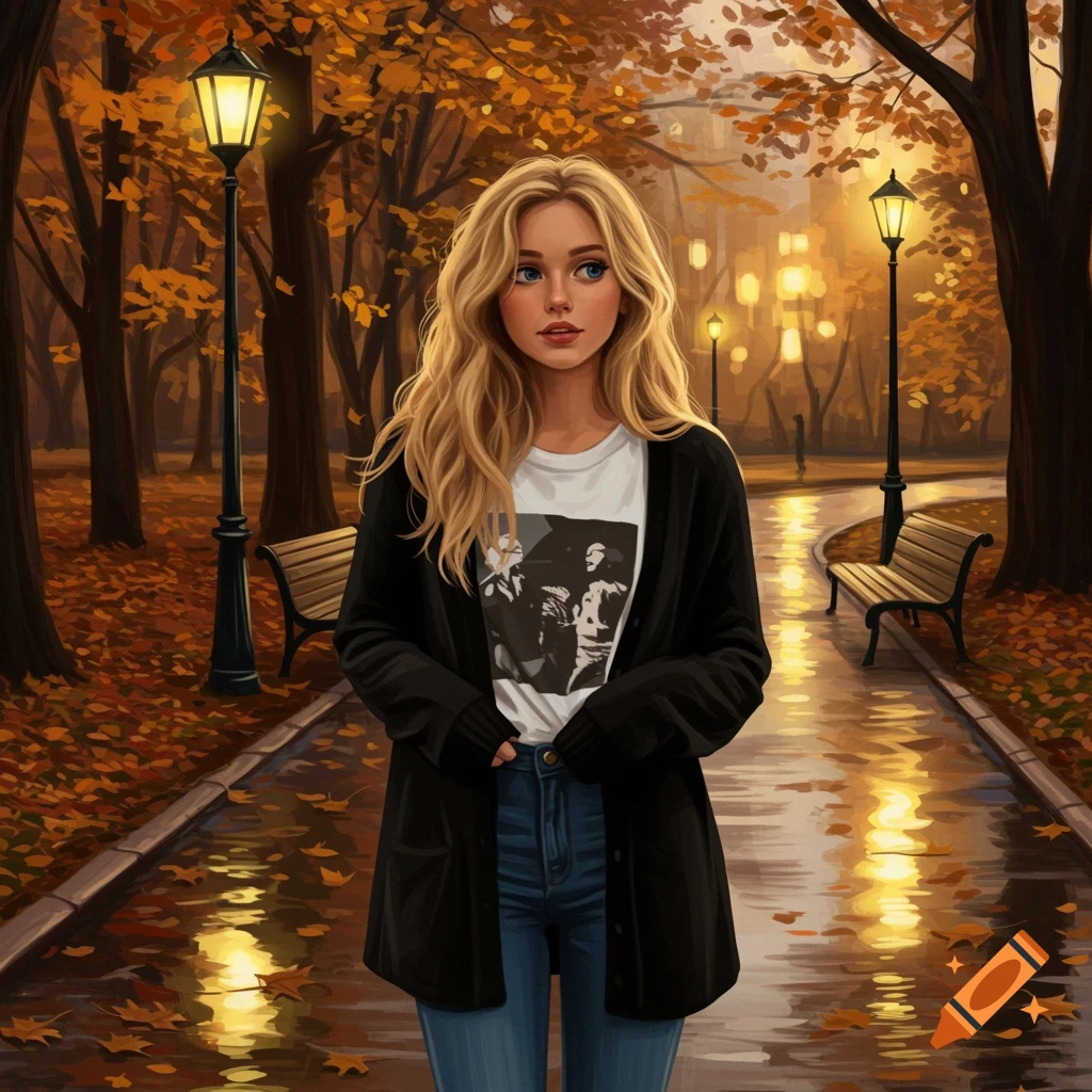 A digital painting of a blonde young woman in a black cardigan and white t-shirt standing in an autumn park with lampposts.