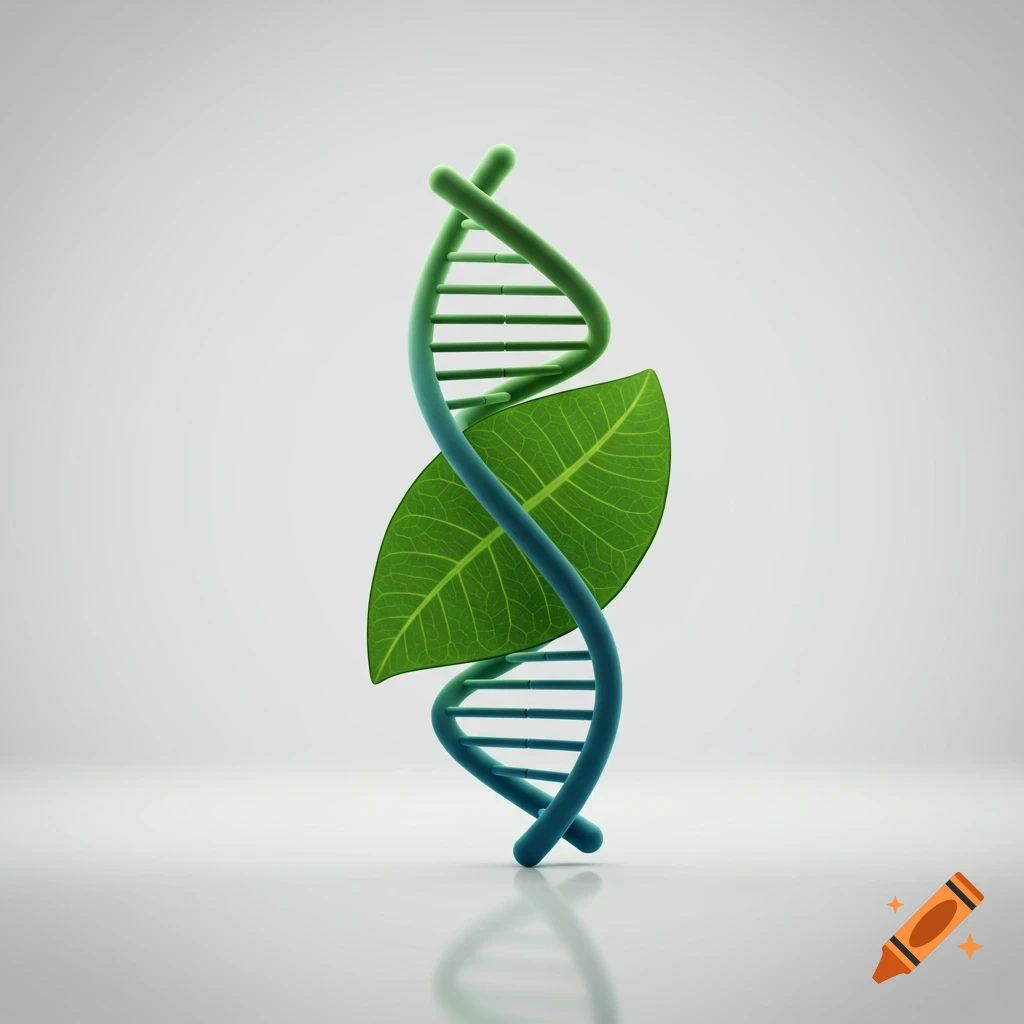 A green and blue DNA helix intertwined with a vibrant green leaf on a white background.
