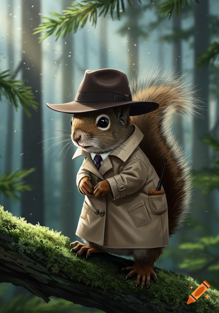 A slightly realistic depiction of a squirrel wearing a brown trench coat and fedora, standing on a moss-covered tree branch in a forest.
