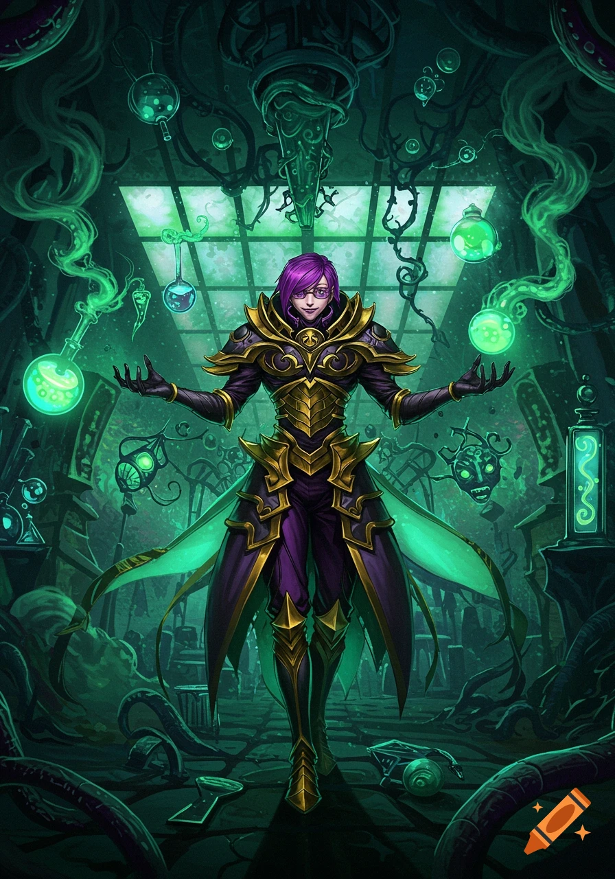 A purple-haired alchemist in ornate armor stands in a glowing green mystical laboratory with bubbling beakers and tubes.