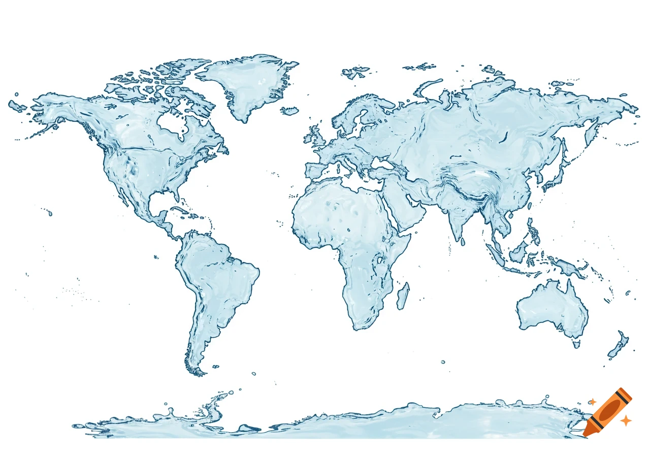 A world map formed by splashing blue water on a white background, symbolizing global unity and sustainability.
