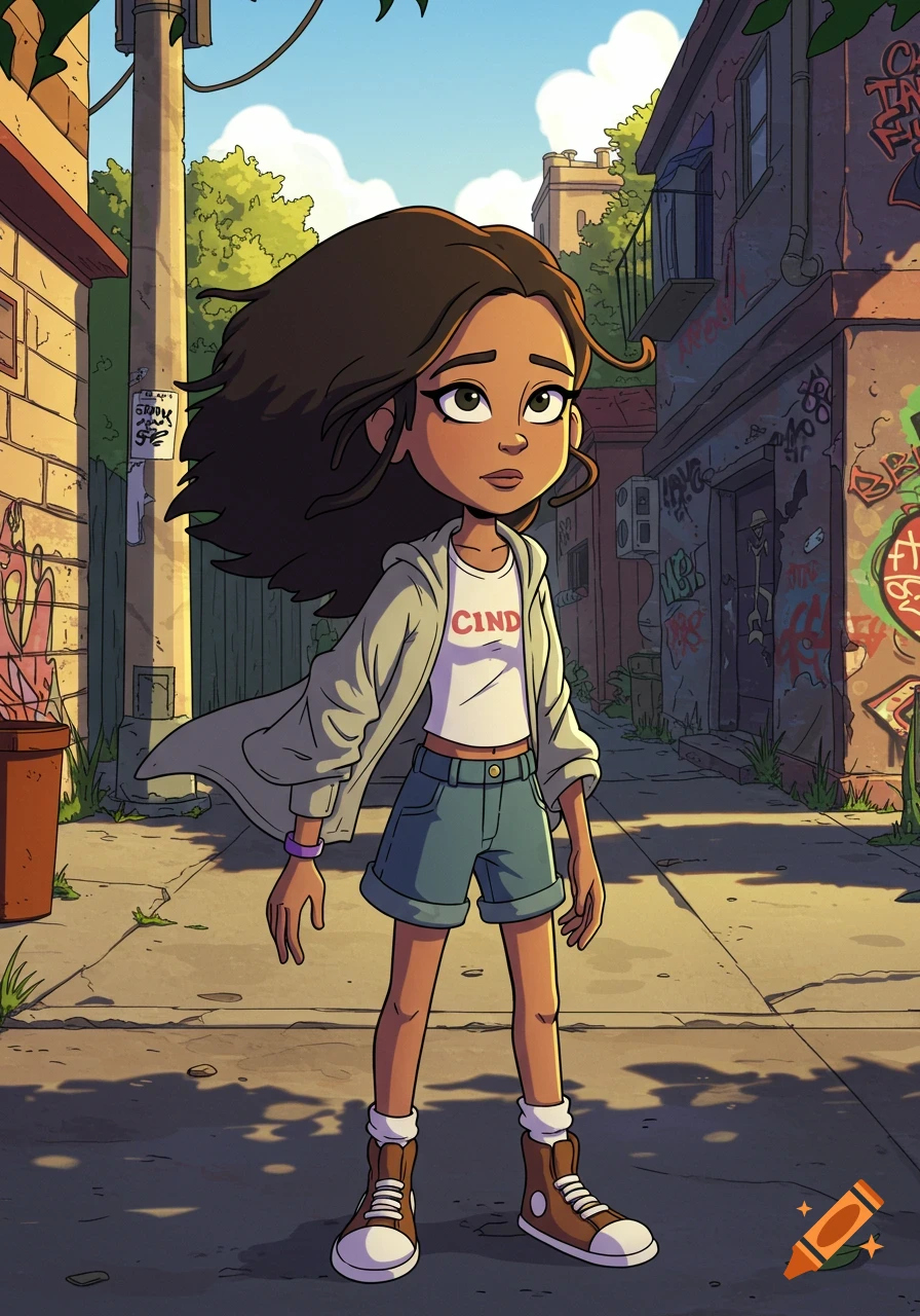 A cartoon girl with dark brown hair, wearing a white shirt with "CIND" written on it, a light jacket, and denim shorts, stands in a graffiti-covered alleyway.