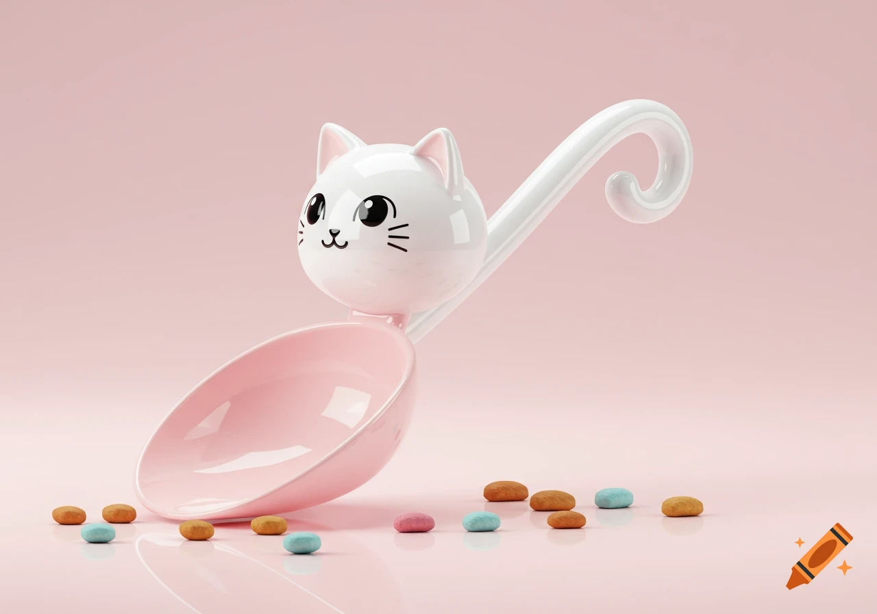 A pink and white cartoon cat-shaped food scoop sits on a pink surface next to scattered colorful food pellets, in a clean, bright studio setting.
