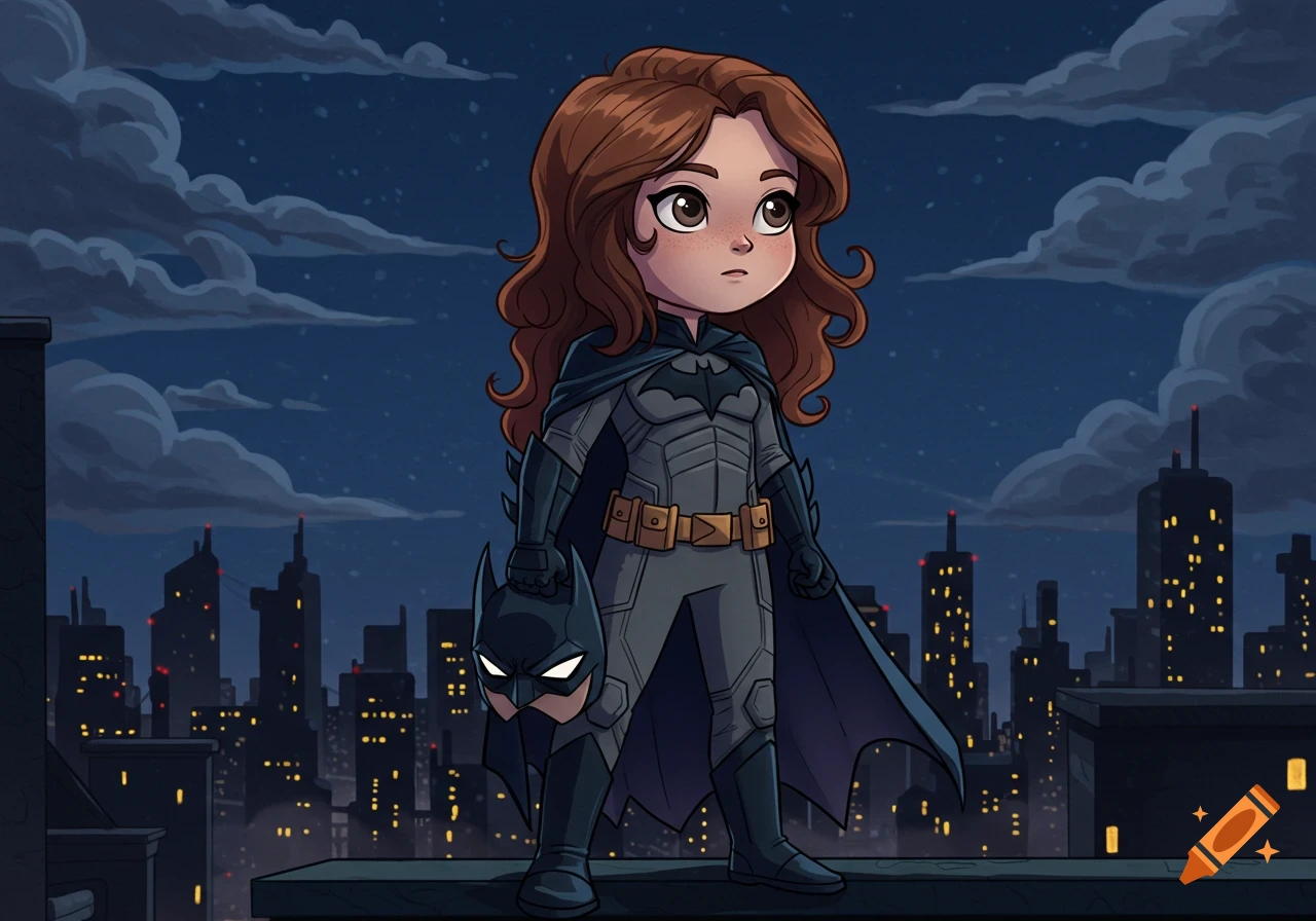 A cute, chibi-style Batgirl stands on a rooftop at night, holding her mask, with a city skyline in the background.