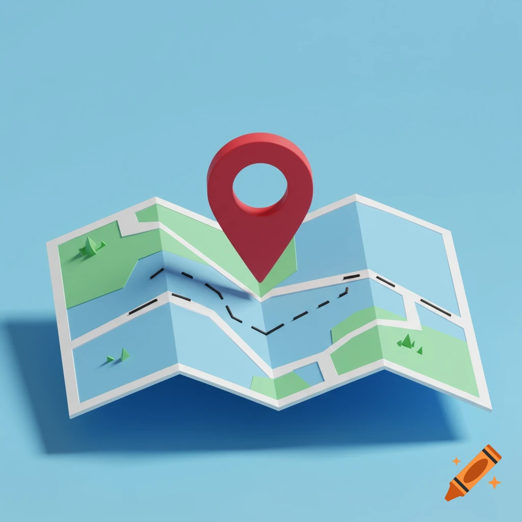 A 3D low-poly map icon with a red location pin centered on it, against a blue background.