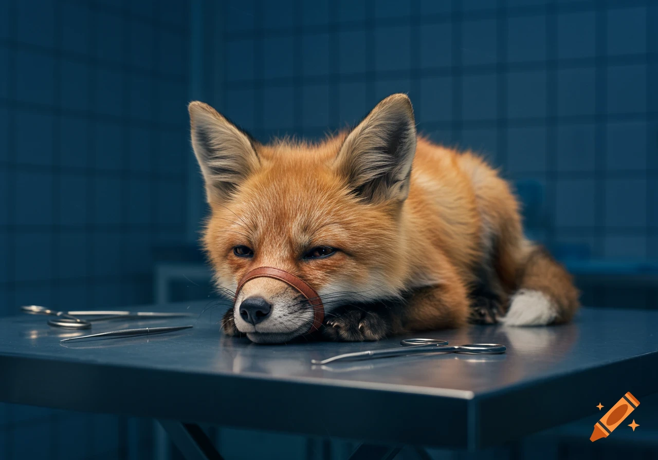 A photorealistic image of a fox with a muzzle lying on a surgical table next to medical instruments.