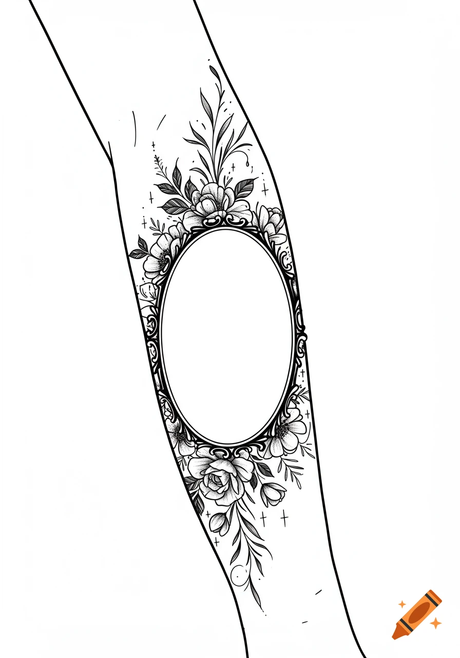 Black and white line art tattoo design on a forearm, featuring an ornate oval frame surrounded by intricate floral elements.