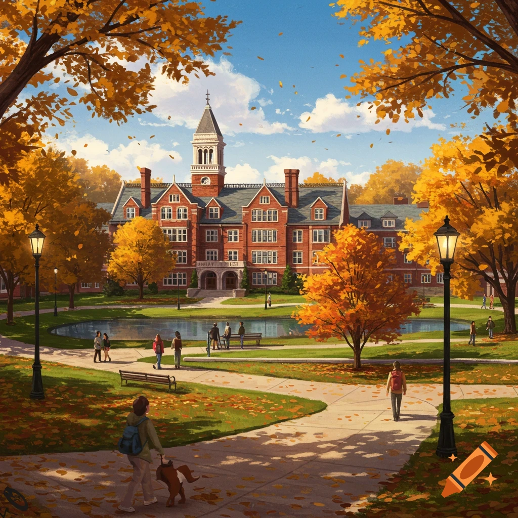An autumnal university campus with a large brick building, a pond, and students walking along paths lined with vibrant orange trees.
