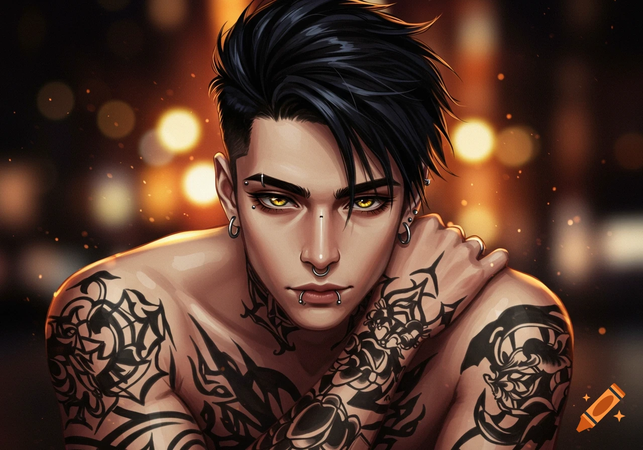 Anime-style portrait of a man with black hair, tattoos, piercings, and striking yellow eyes against a blurred bokeh background.