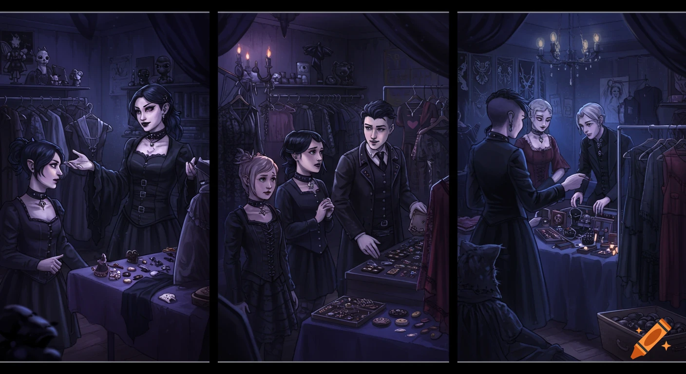 A detailed illustration of young and older goths at a dimly lit swap meet, browsing clothes and jewelry.