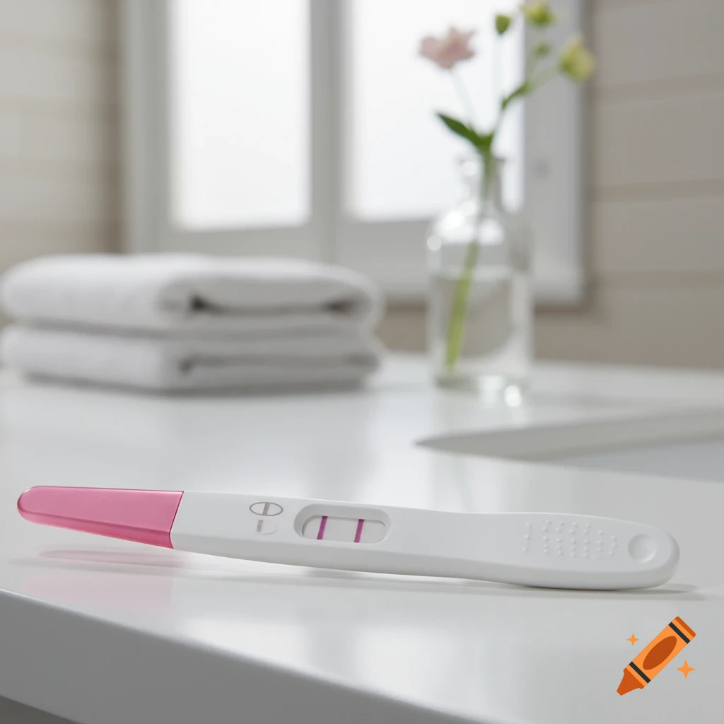 Photorealistic image of a positive pregnancy test with two pink lines on a white bathroom counter.