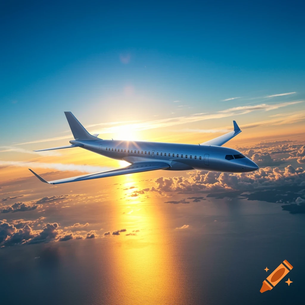 A photorealistic silver airplane flies high above a sea of clouds and ocean, bathed in the golden light of sunset.
