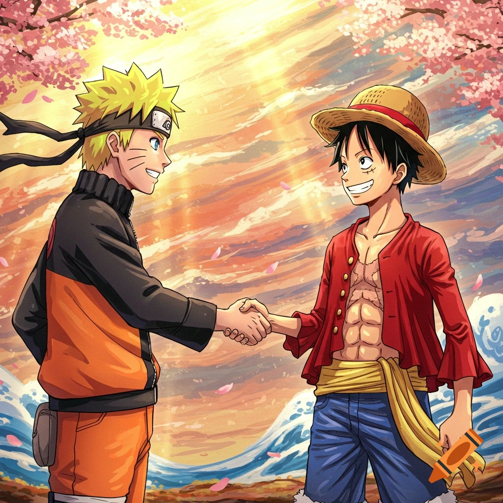 Naruto and Luffy, two anime characters, shaking hands under a sunset sky with cherry blossoms.