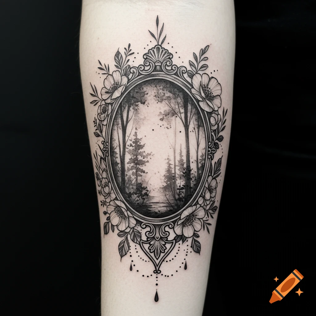 Black and white gothic forest and floral tattoo on a forearm.