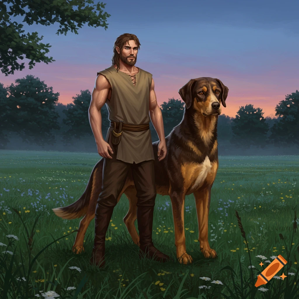 A fantasy man with pointed ears stands with a large dog in a grassy field at dusk.