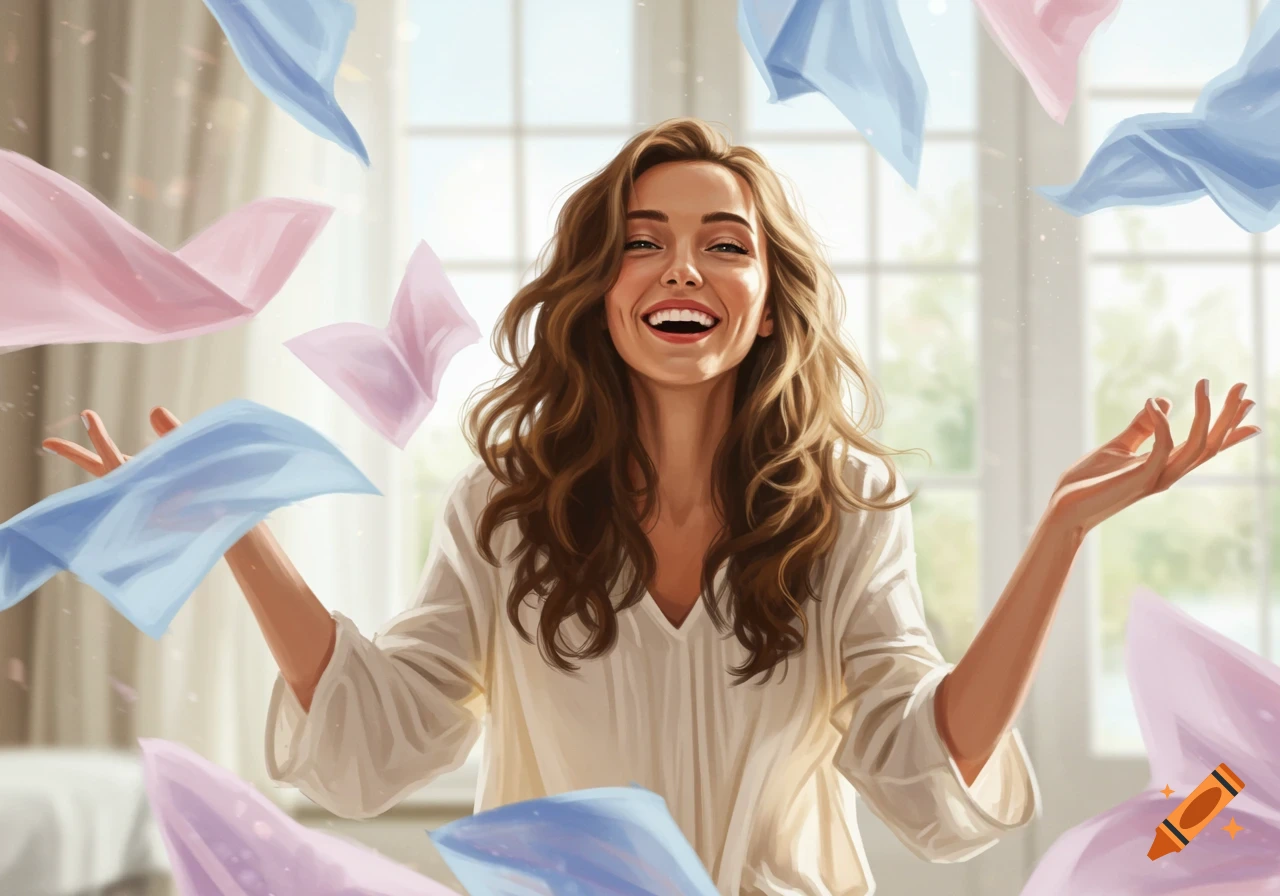 A happy woman with long hair throws pink and blue fabrics in the air indoors.