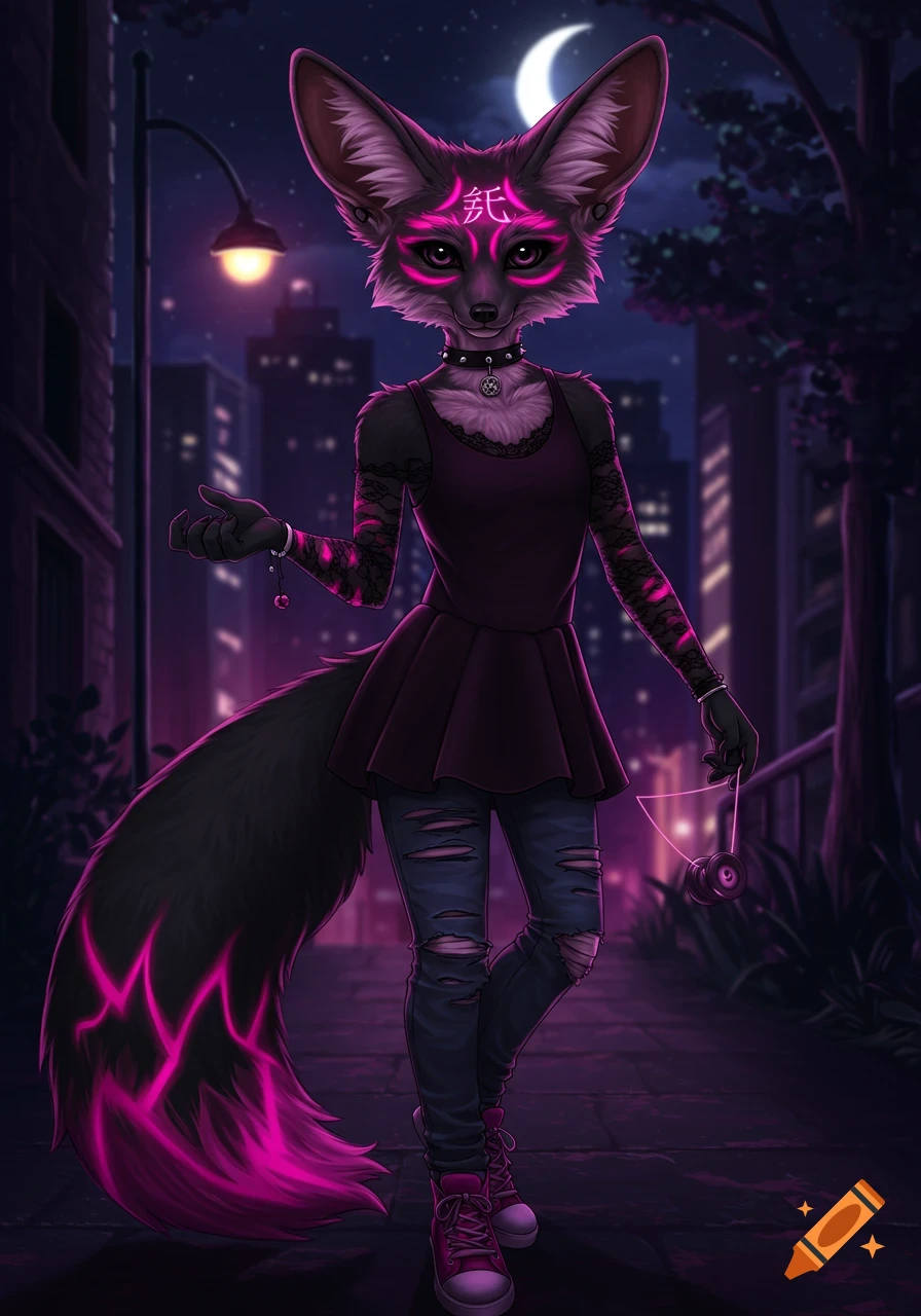 An anthropomorphic fennec fox with black fur and magenta markings stands in an urban alley at night, holding a yo-yo.