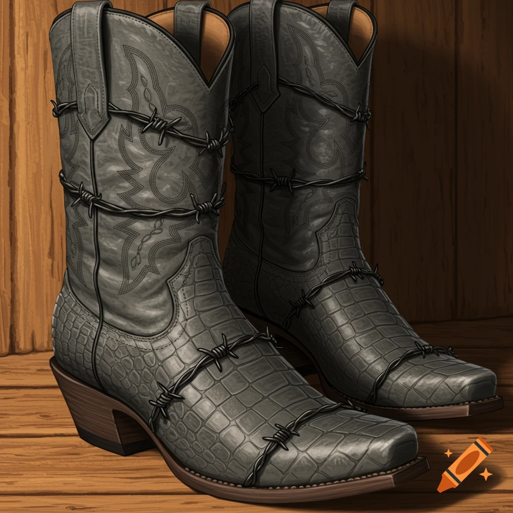 Pair of gray alligator skin cowboy boots wrapped with barbed wire, on a wooden floor.