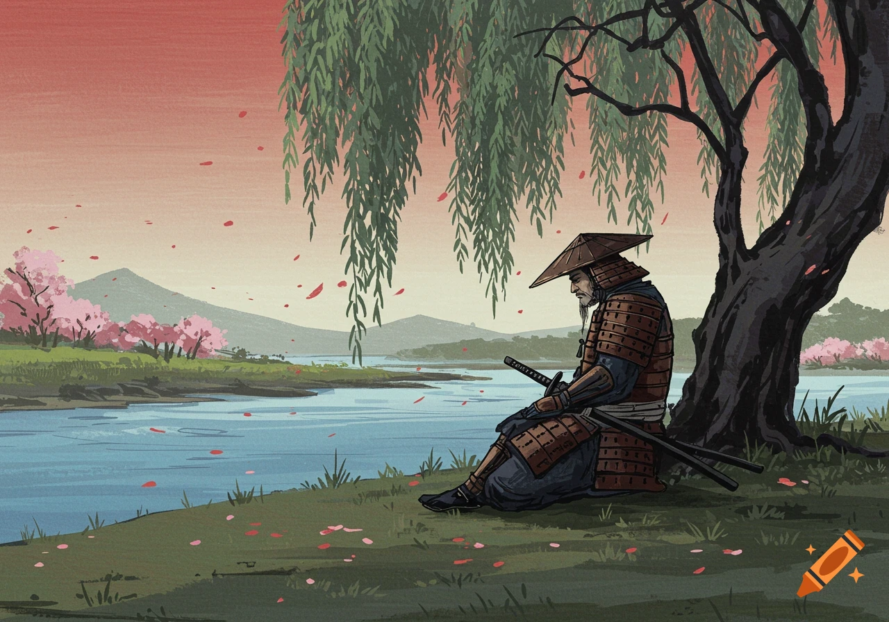 A samurai in armor sits under a willow tree by a river with cherry blossoms, in a Hokusai-inspired painting.
