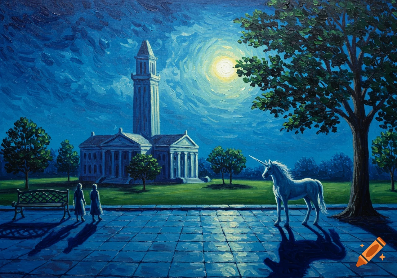 Oil painting of a white unicorn and two figures on a paved area, with a classical building and a tall tower under a moonlit, brush-stroked blue sky.