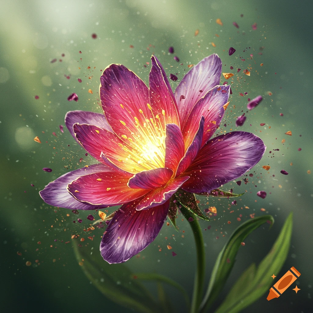 A vibrant pink and purple flower with a glowing yellow center appears to explode, scattering colorful fragments on a green background.